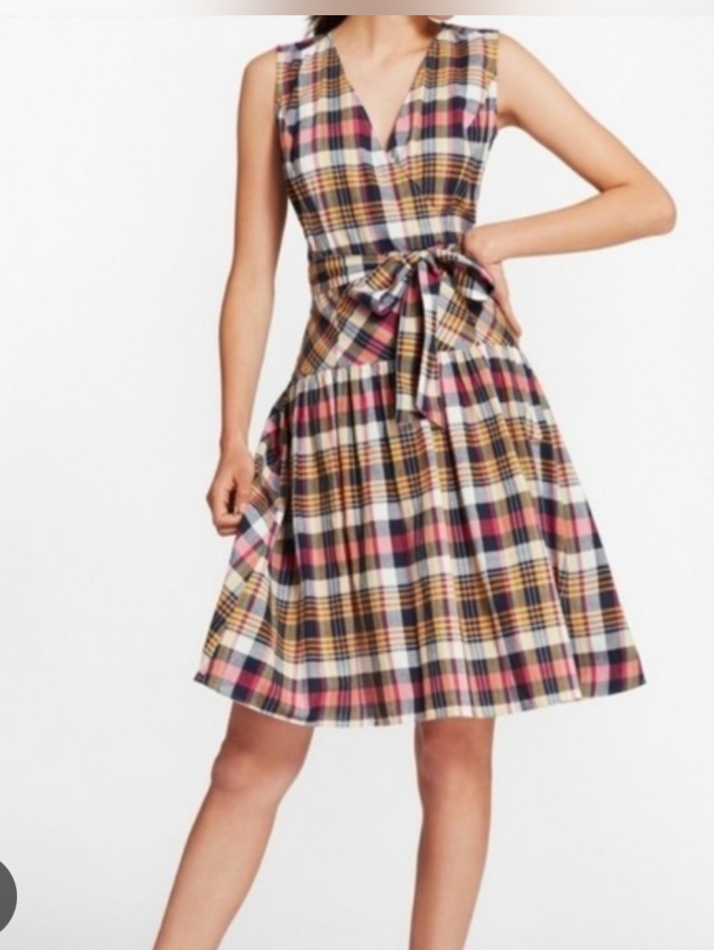 Sleeveless Plaid Belted Cotton Dress in Yellow and Pink